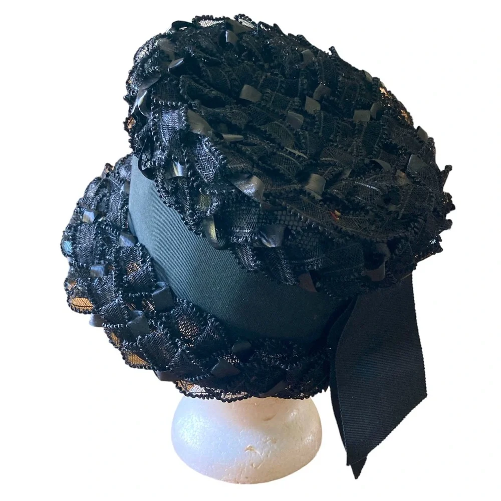 Vintage Straw Hat Bonnet Wide Brim Union USA Made Retro Church Lady Costume Blk - Picture 3 of 7